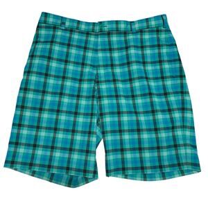 Nike Golf DRI FIT Shorts Mens 36 Green Blue Core Plaid Flat Front Performance